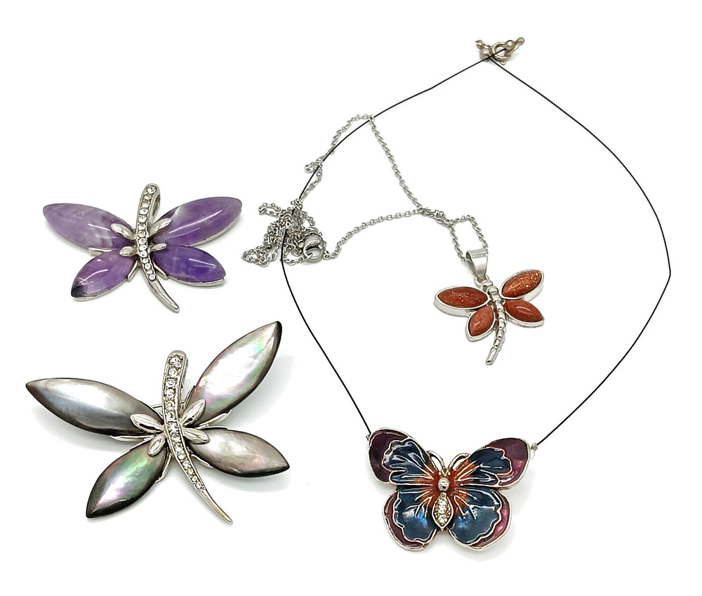 Mixed Butterfly and Dragonfly Pendants 4 Piece Lot Silvertone Jewelry